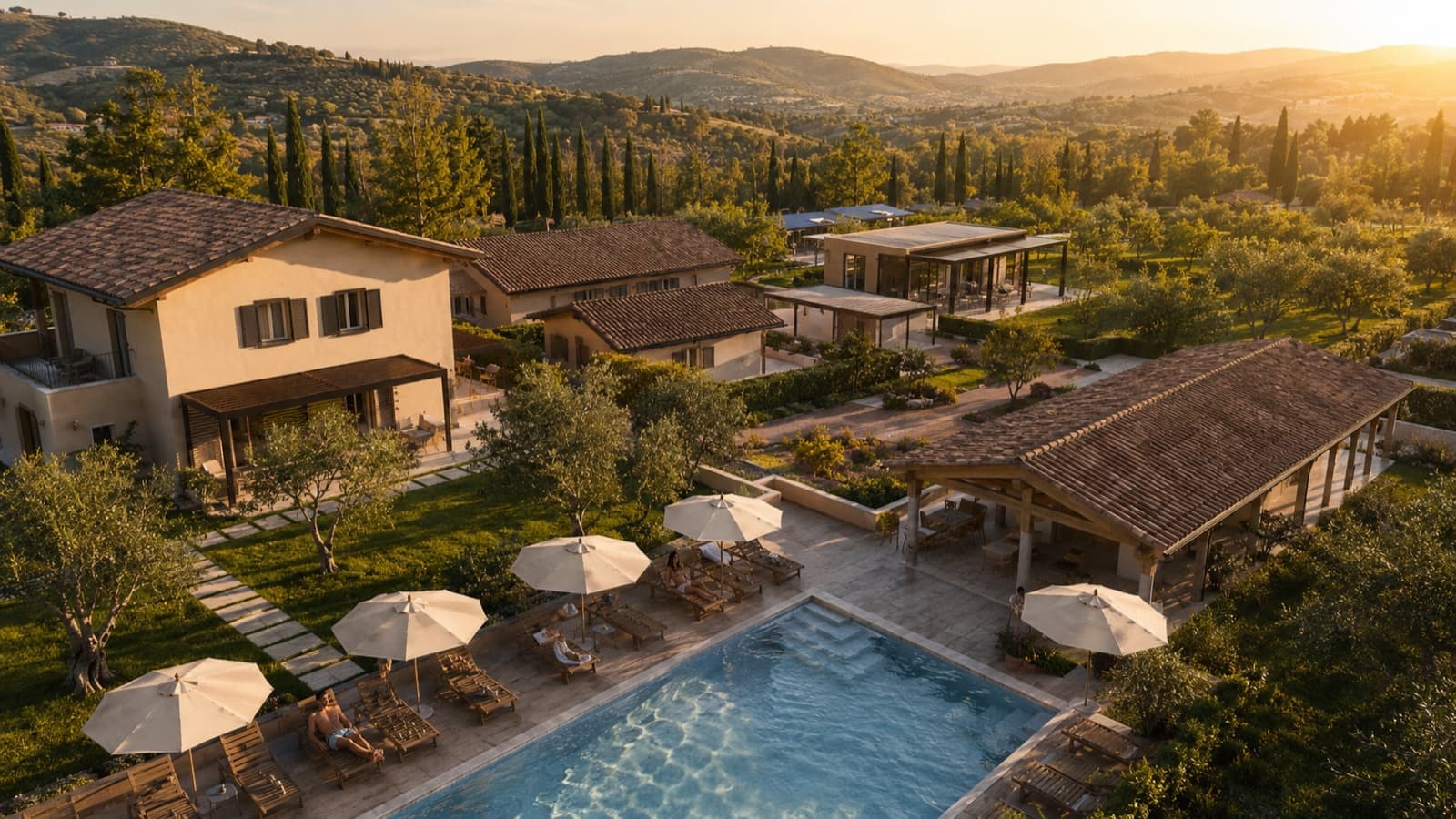 La tenuta del next Bio Resort al tramonto, tra ulivi e colline della Ciociaria